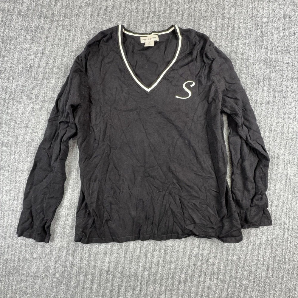 Notations Sweater Womens Large Black V Neck Embroidered Lightweight Pullover